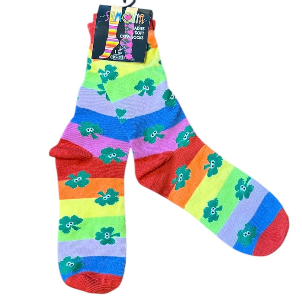 Sumona Woman's Novelty Colorful Striped Design Crew Socks Shamrock 9-11